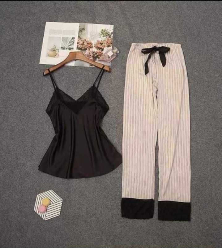 ชุดนอนเสื้อ+กางเกงขายาวสไตส์womenเกาหลี ผ้าลื่นใส่สบายผ้านุ่ม2ชิ้น พร้อมส่ง ผู้หญิง Women เอว22-28