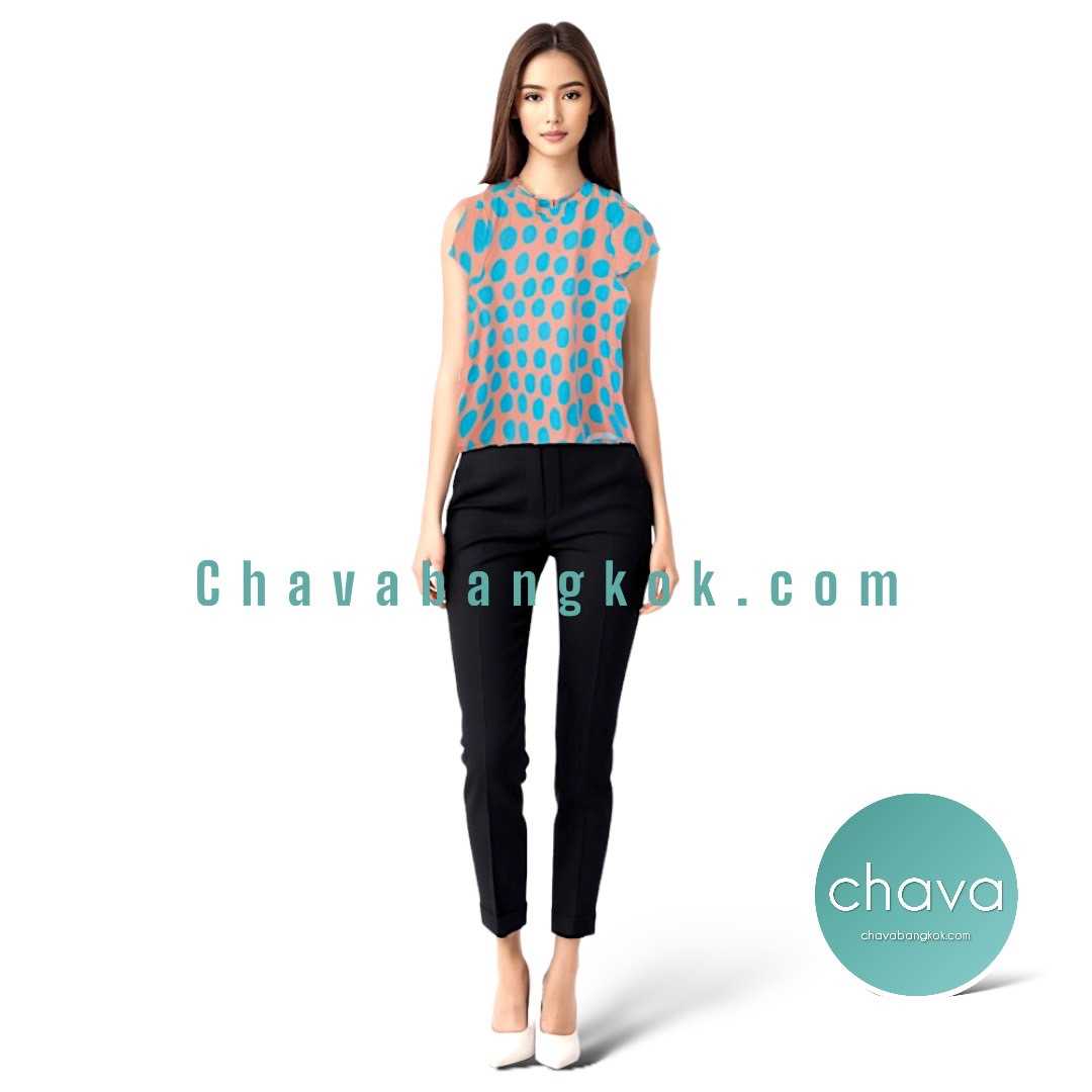 NEW!! เสื้อ Top / BLOUSE คอจีน สีชมพูอ่อน ลายจุดสีฟ้า POLKA DOT