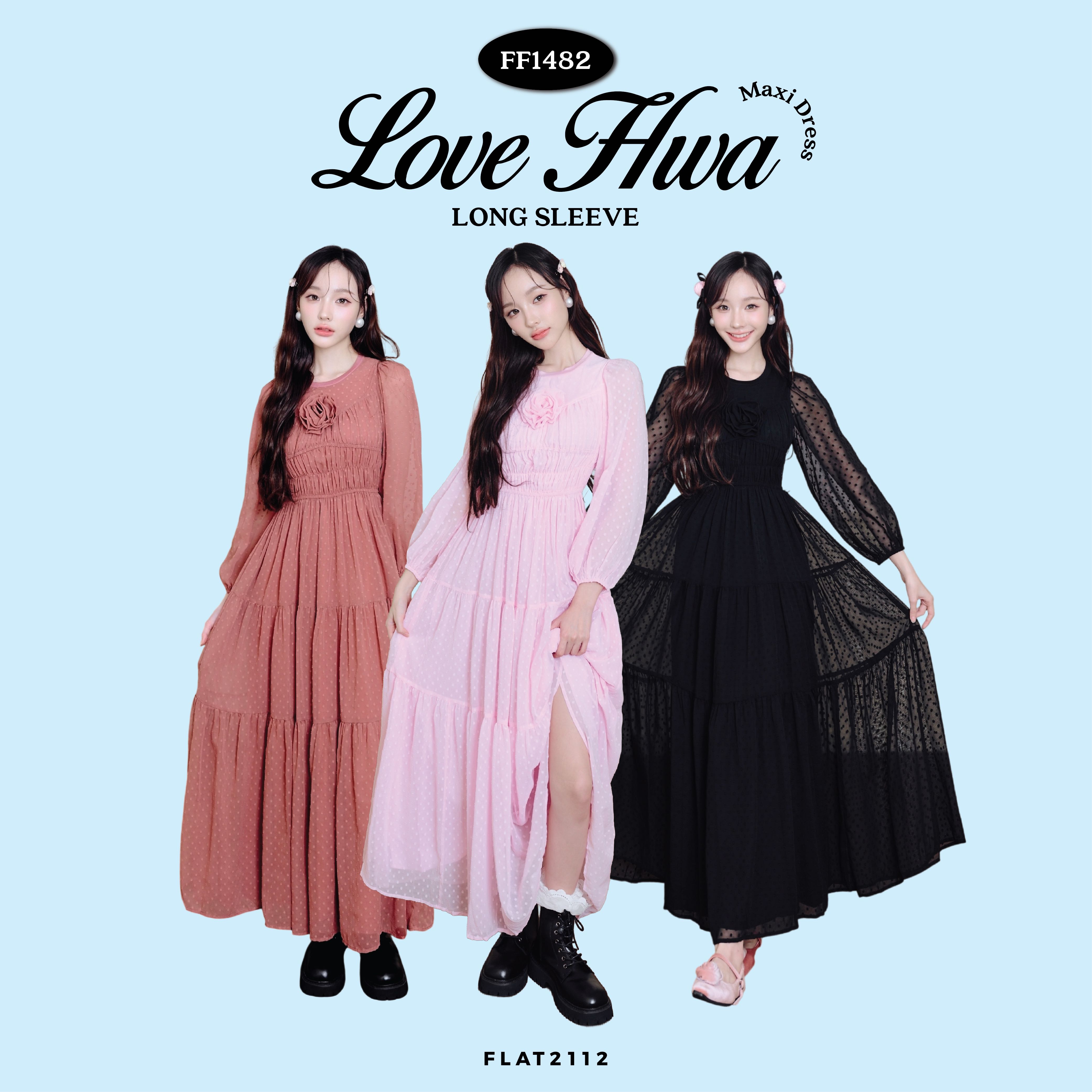FLAT2112 : LOVE HWA MAXI DRESS (LONG SLEEVE) เดรสยาวแต่งดอกกุหลาบ เดรสคุณหนู (FF1482)
