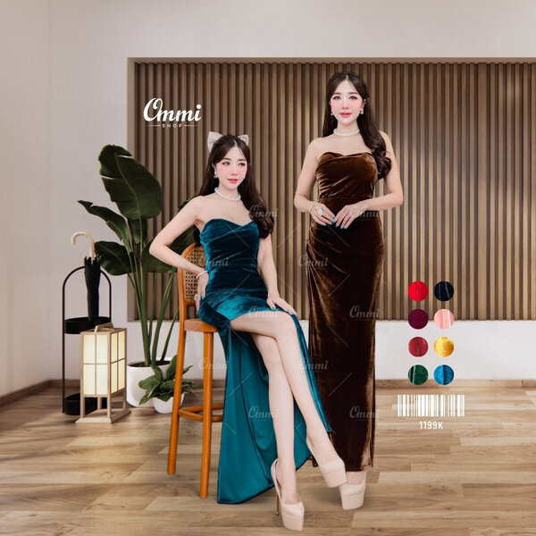 Ommishop ชุดราตรี 1199K เกาะอก กำมะหยี่ เดรสออกงาน ชุดงานแต่ง เพื่อนเจ้าสาว
