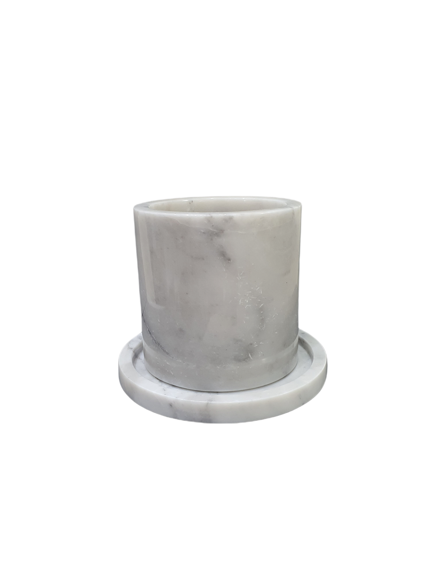 Plant Pot + Plate, Marble, White, M
