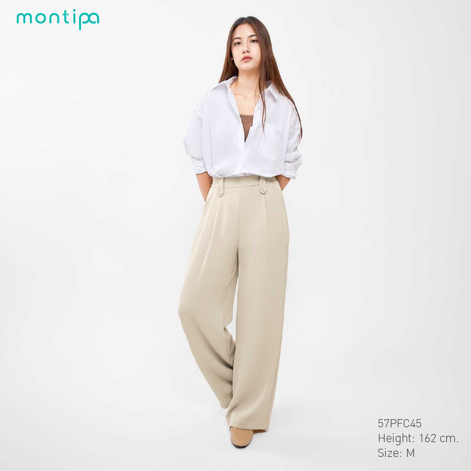 Montipa กางเกงทรงกระบอก แต่งหูเข็มขัดด้านหน้า เอวยางยืดหลัง ผ้า Comfort 57PFC45