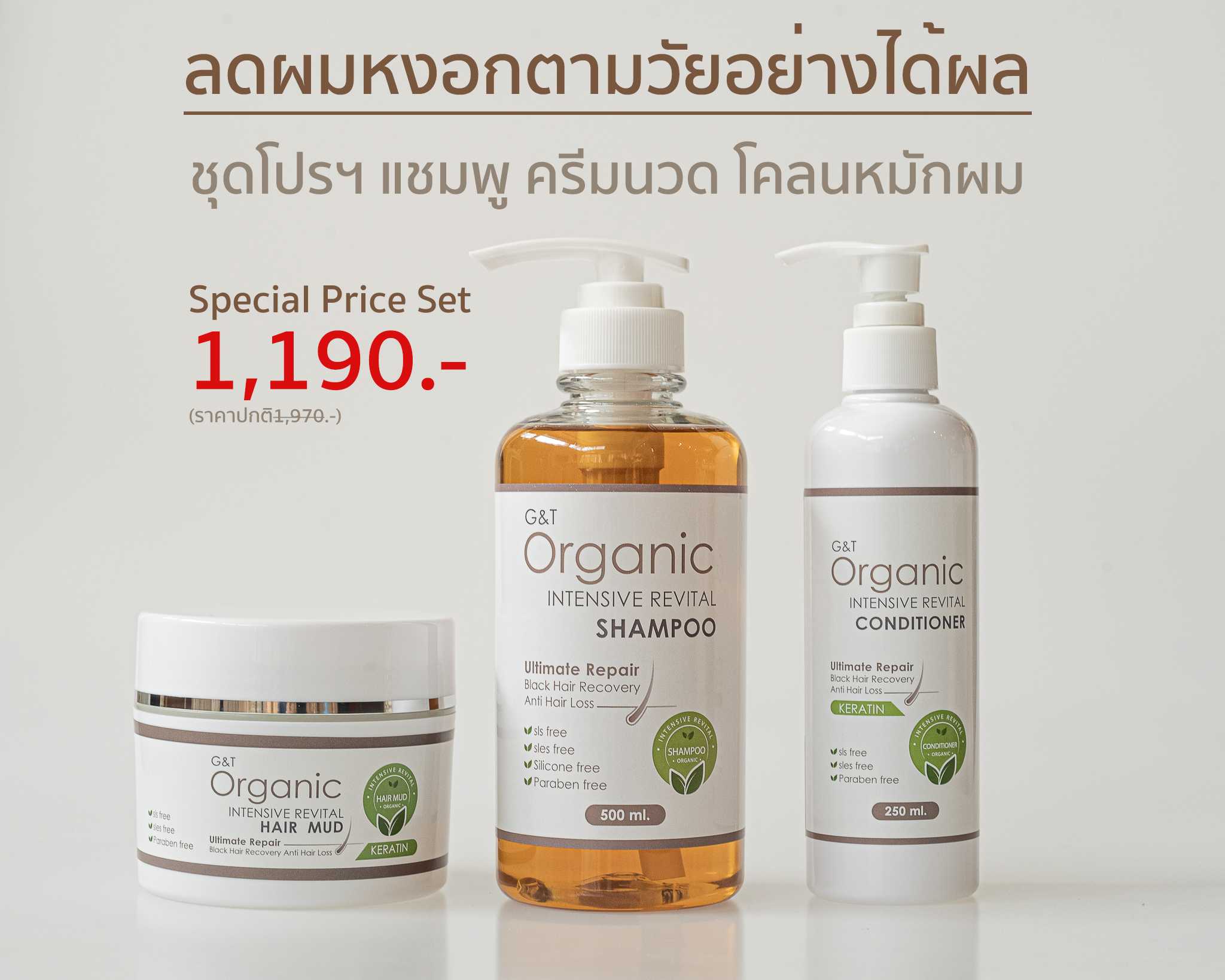🆙SET ชุดลดผมหงอกตามวัย🆙 แชมพู+ครีมนวดผม+โคลนหมักผม G&T Organic Intensive Revital Set