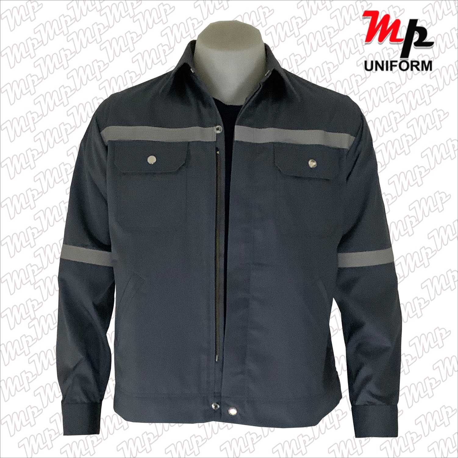 MPJ014-10 เสื้อช่างผ้าคอมทวิว ซิปซ่อน แถบสะท้อนแสงหลัง แขน อก สีเทา