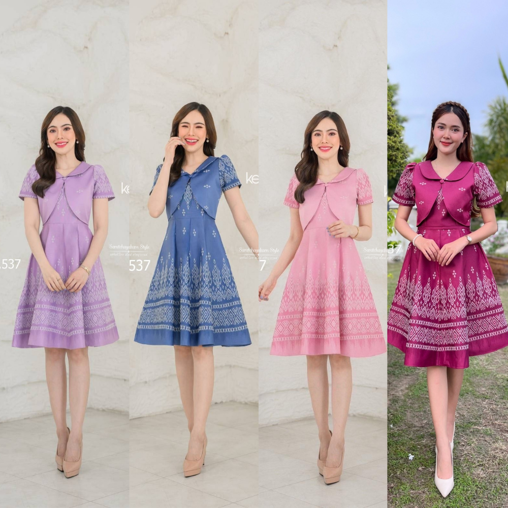 ชุดเดรสผ้าทอลาย Limited รุ่นเสื้อกั๊ก คอบัว กระดุมปั๊ม กระโปรงทรงบาน 8 ชิ้น ซิปซ่อนหลัง อัดกาว