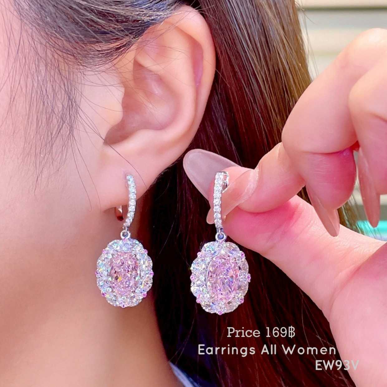EW93V ต่างหูระย้าห่วงสีชมพู  ออกงาน เครื่องประดับ เงิน 925