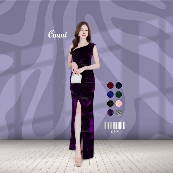 Ommishop ชุดราตรี 1351K ไหล่เดี่ยว ผ้า กำมะหยี่ เดรสออกงาน ชุดงานแต่ง เพื่อนเจ้าสาว