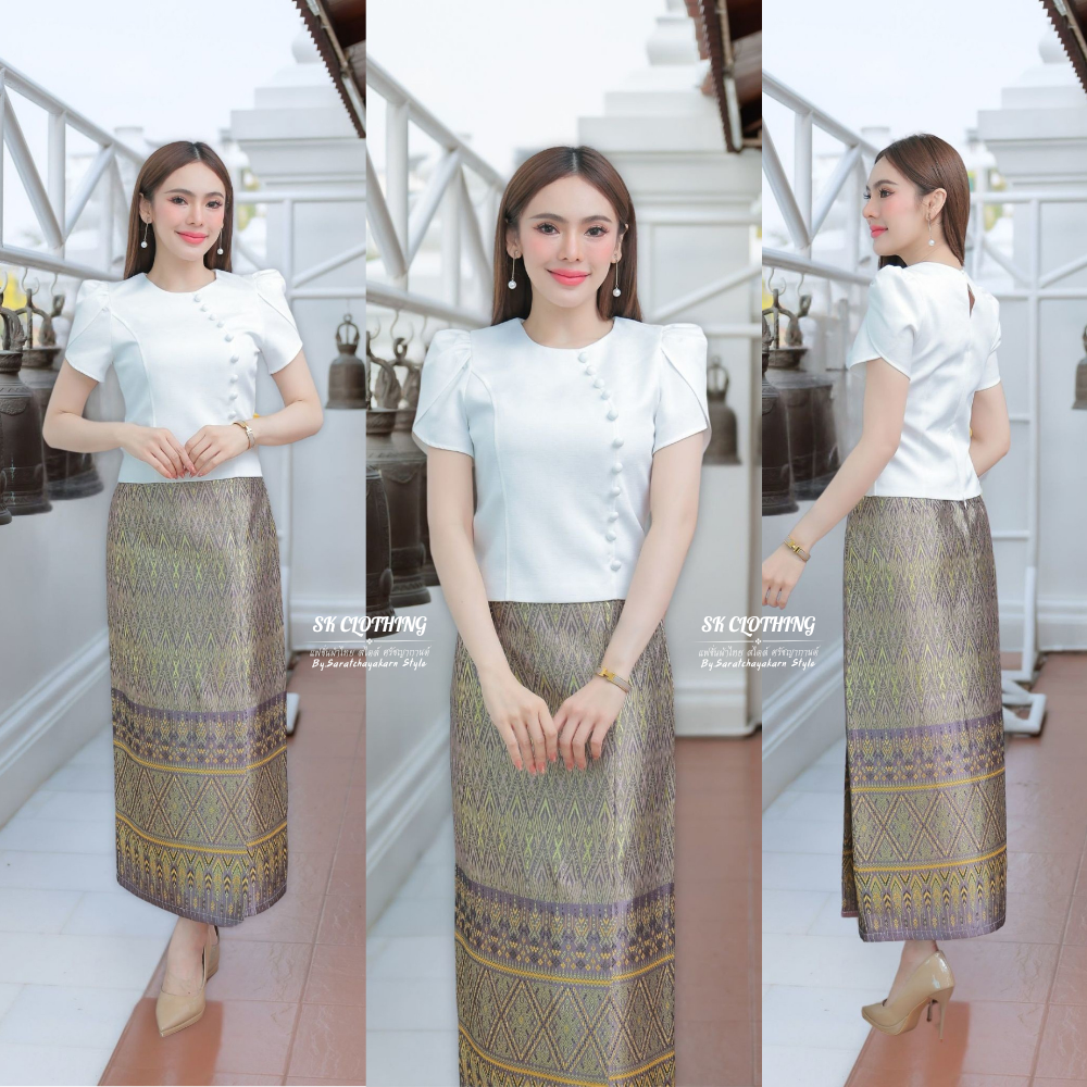 ชุด Set เสื้อไหมญี่ปุ่น ผ้าถุงสำเร็จ ผ้าฝ้ายทอลายไทย สีชมพูทอง  ใส่ไปวัด ใส่ออกงานได้เลยแบบสวยๆ