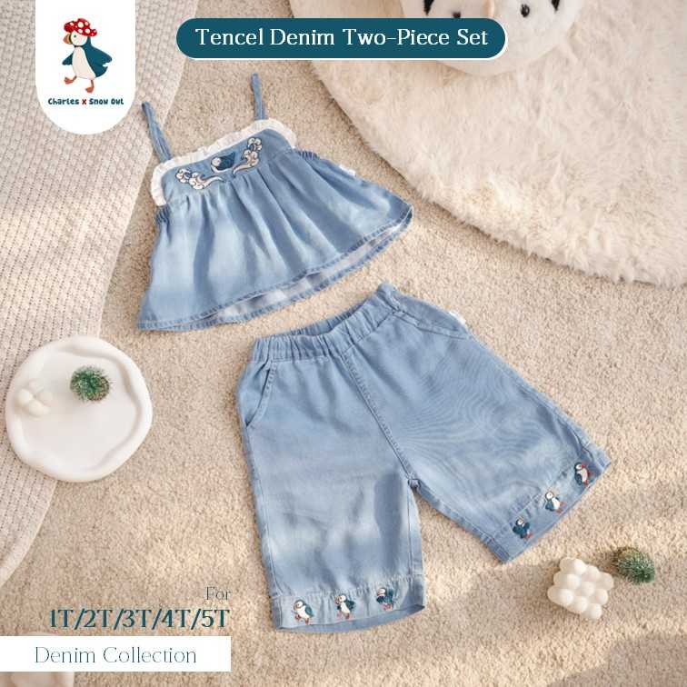 Charles x Snow Owl เซ็ตสายเดี่ยวพร้อมกางเกงสำหรับเด็ก Tencel Denim Two-Piece Set