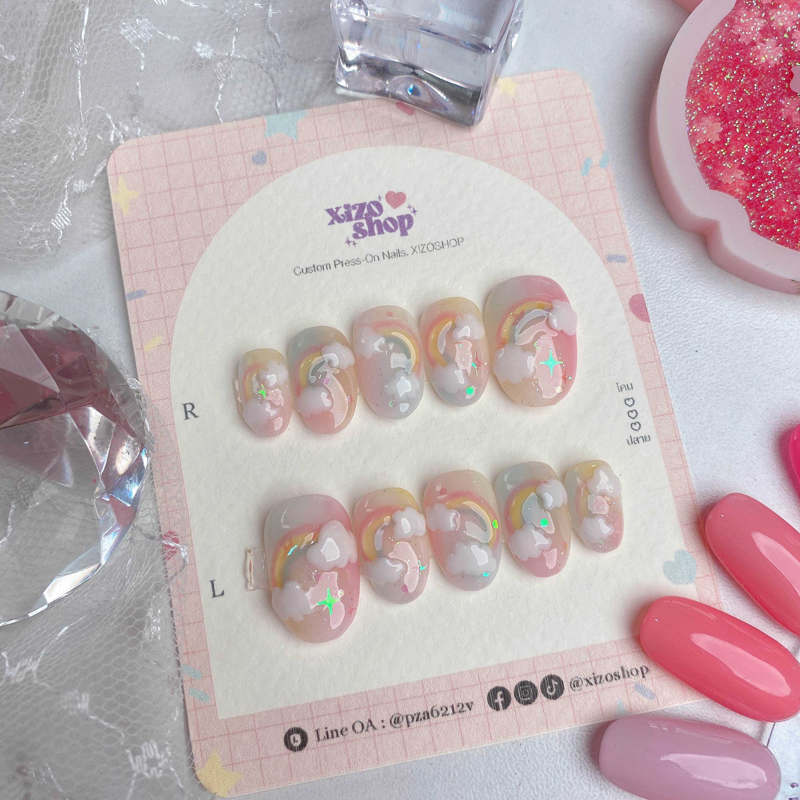 ไซส์ S เล็บปลอม สีเจล พร้อมส่ง ปั้นนูน รุ้ง สีรุ้ง พาสเทล