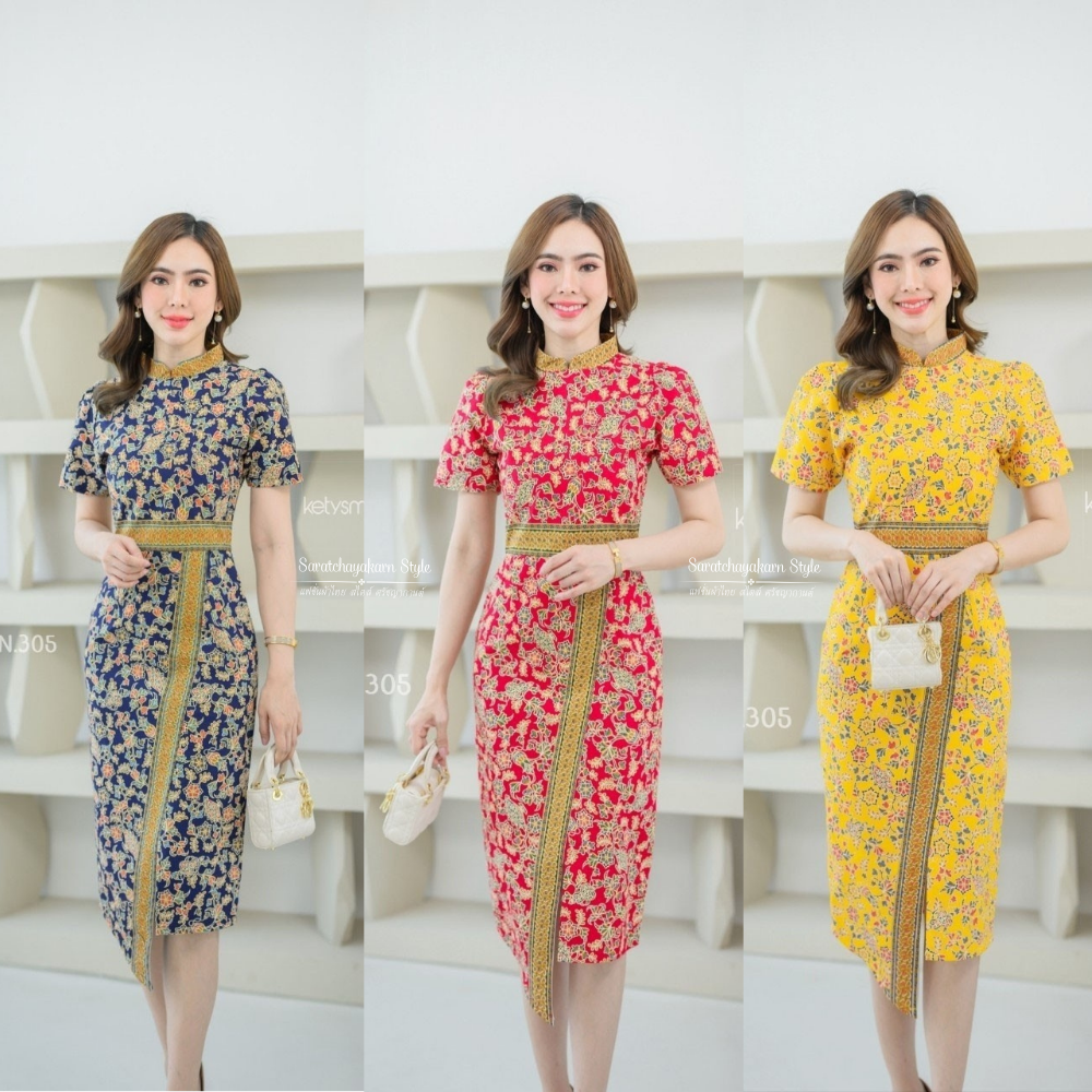 ชุดเดรสปาเต๊ะ ชุดเดรสผ้า cotton พิมพ์ลายปาเตีะ คอจีน ผ่าหน้า ยาว 42 นิ้ว อัดกาวทั้งชุด