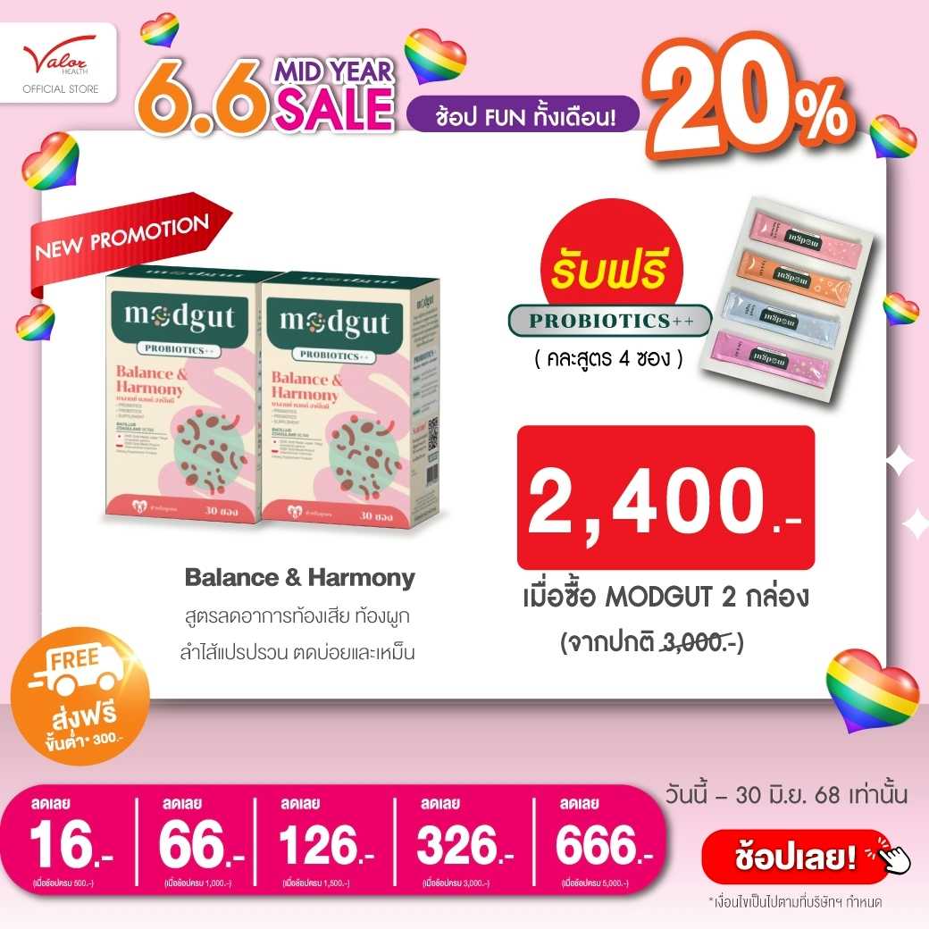 2 แถม 4 Modgut probiotics ++ สูตร Balance & Harmony ตัวช่วยลดอาการ ท้องผูก ลำไส้แปรปรวน