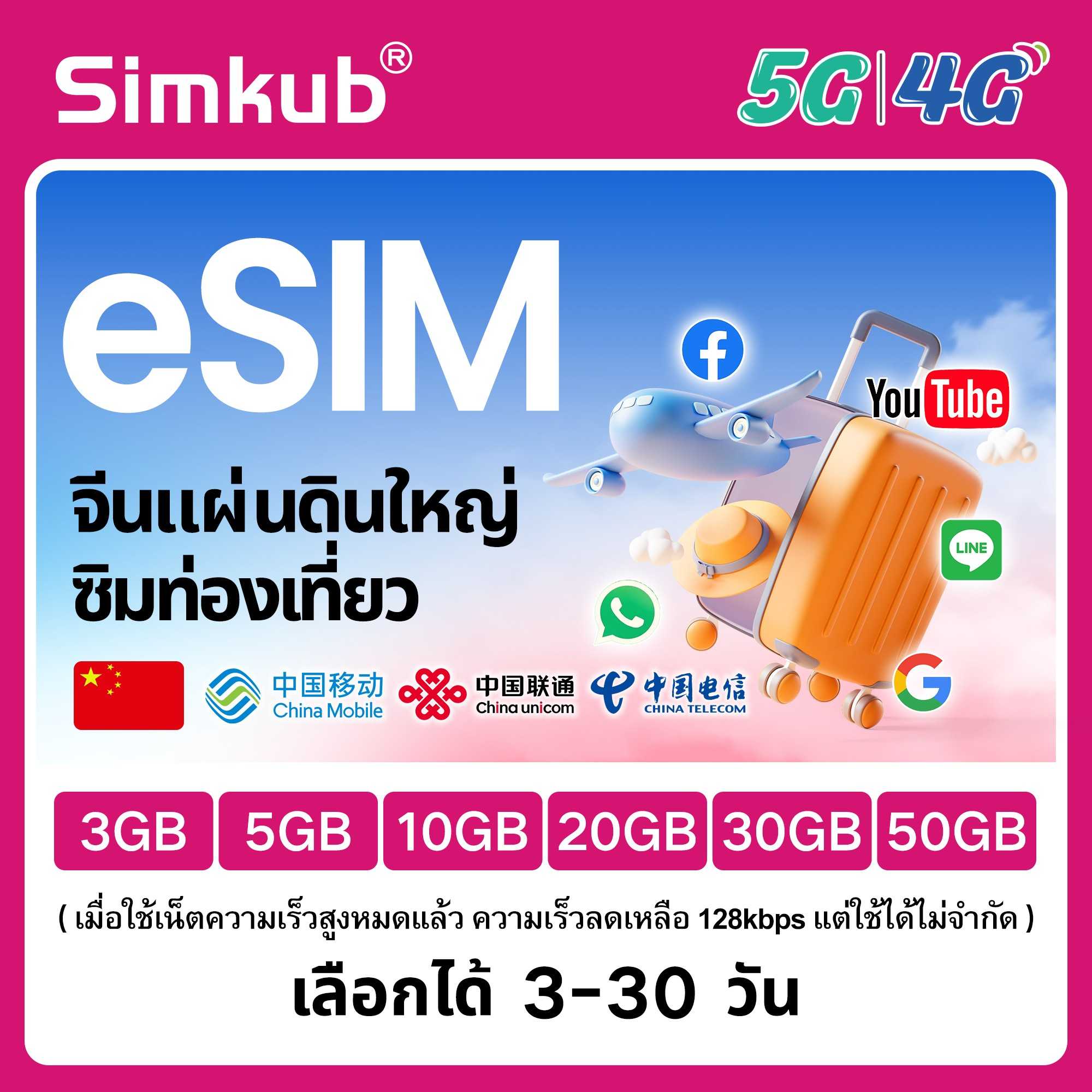 eSIM Mainland China ซิมท่องเที่ยว จีน เน็ต 3-50GB รองรับ 5G/4G เลือกได้ 3-30 วัน
