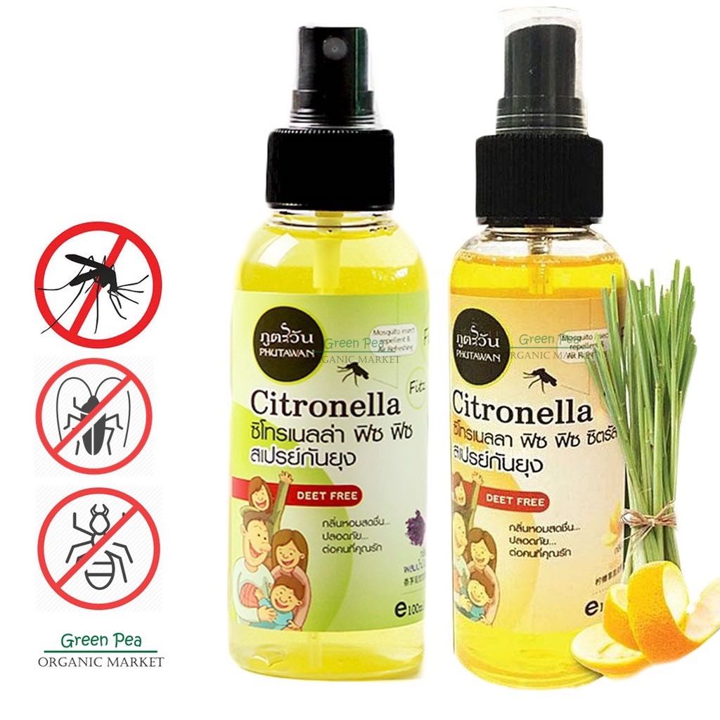 ￼Phutawan สเปรย์กันยุง กลิ่นตะไคร้หอม ,กลิ่นซิตรัส  100 ml สูตร ธรรมชาติ Deet free ปาร์ตี้ปีใหม่