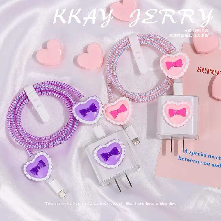 ชุดถนอมสายชาร์จ 20W : Pink and Purple Heart Bow โบว์สีชมพู/ม่วง