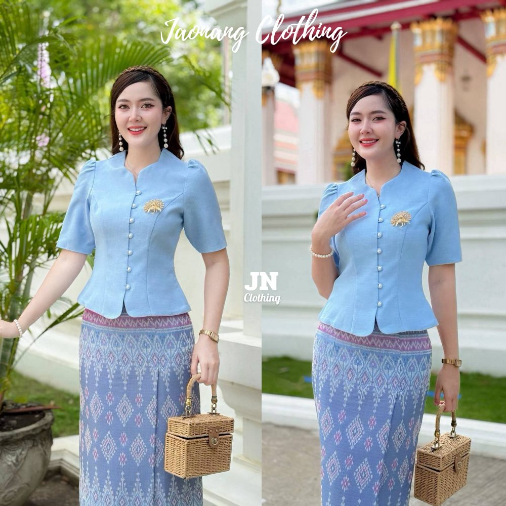 เสื้อผ้าฝ้ายลินิน คอหัวใจ แขนกระบอก ยกจีบไหล่ กระดุมมุก ทรงเป๊ะ พรางหุ่น เรียบหรูดูแพง