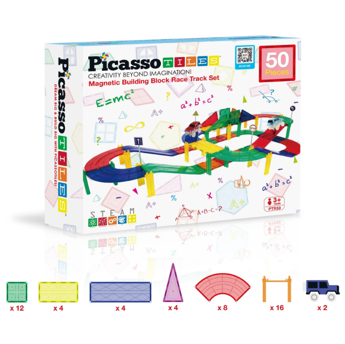 PicassoTiles 50 Pc Magnetic Tiles Race Track with LED Cars