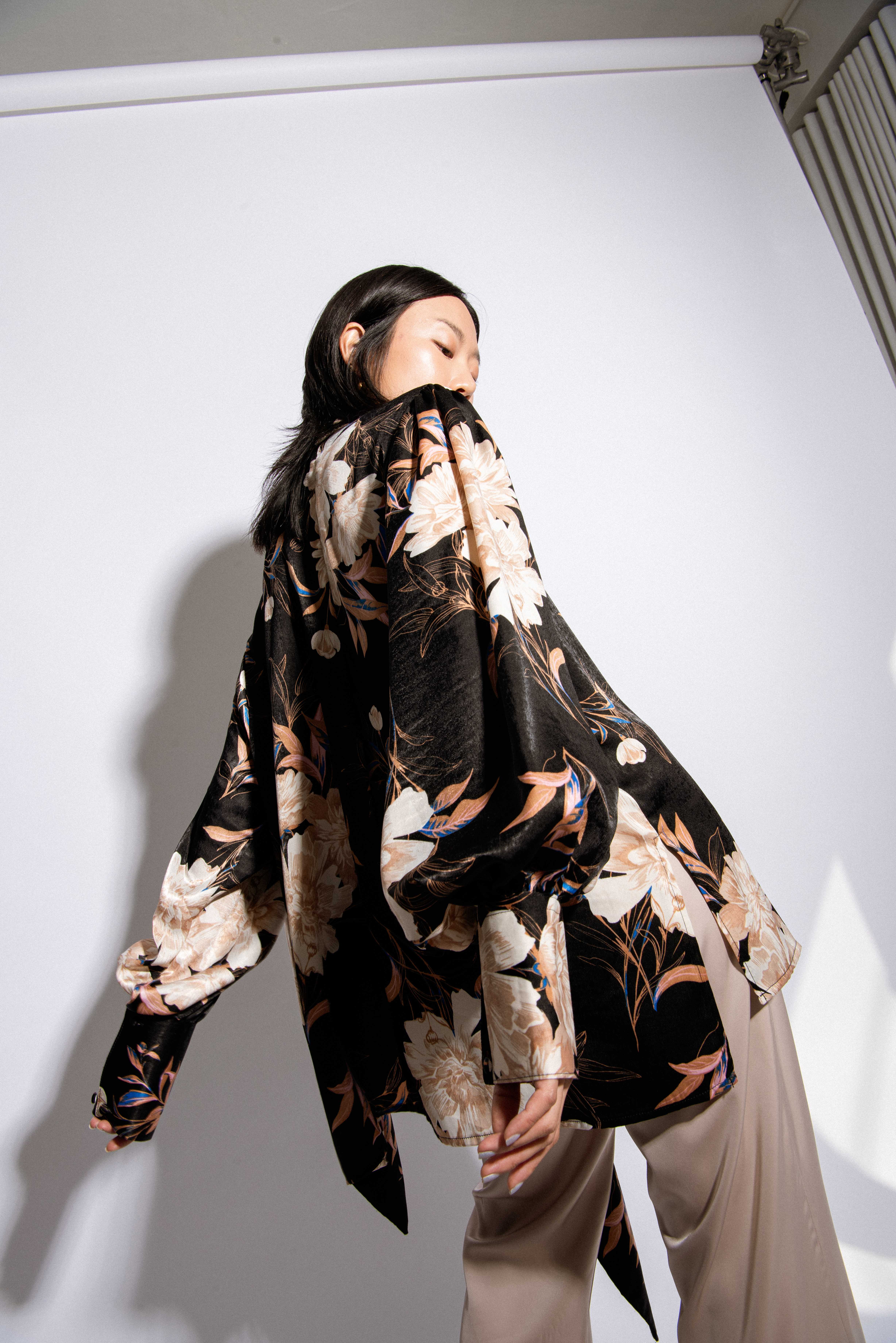 Satin Tied Shirt - Black Floral