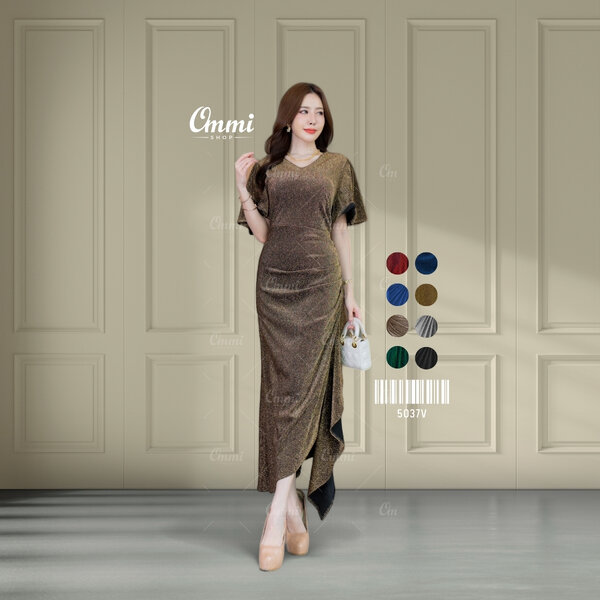 Ommishop ชุดราตรี 5037V คอวีแขนสั้นบาน กระโปรงแต่งระบายผ่า คลุมเข่า เดรสออกงาน ชุดงานแต่ง เพื่อนเ...