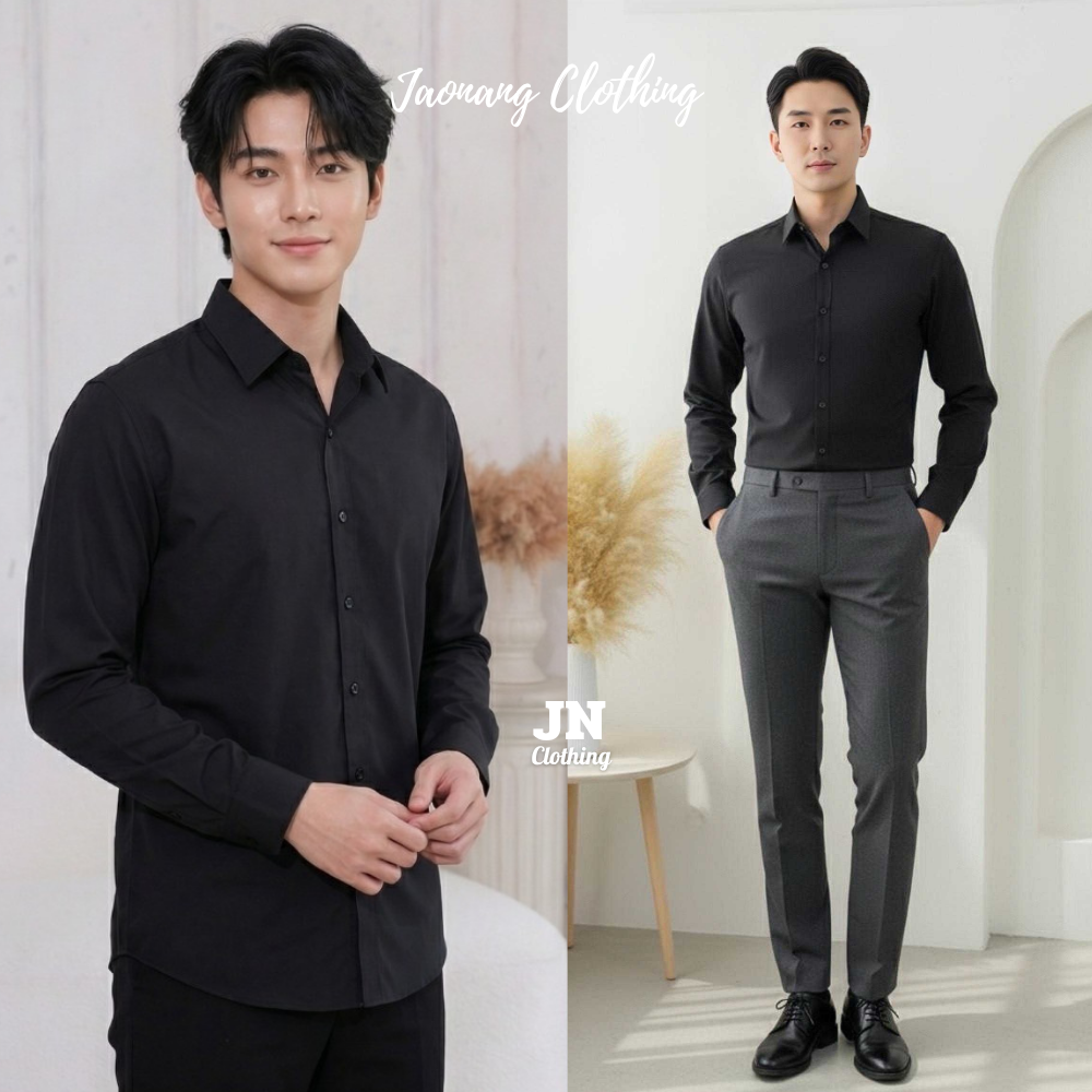 เสื้อเชิ้ตสีดำผู้ชาย แขนยาว ทรงสวย ทรงสลิมฟิต ใส่สบาย แมตช์ง่าย ลุคมินิมอล เรียบหรูดูแพง