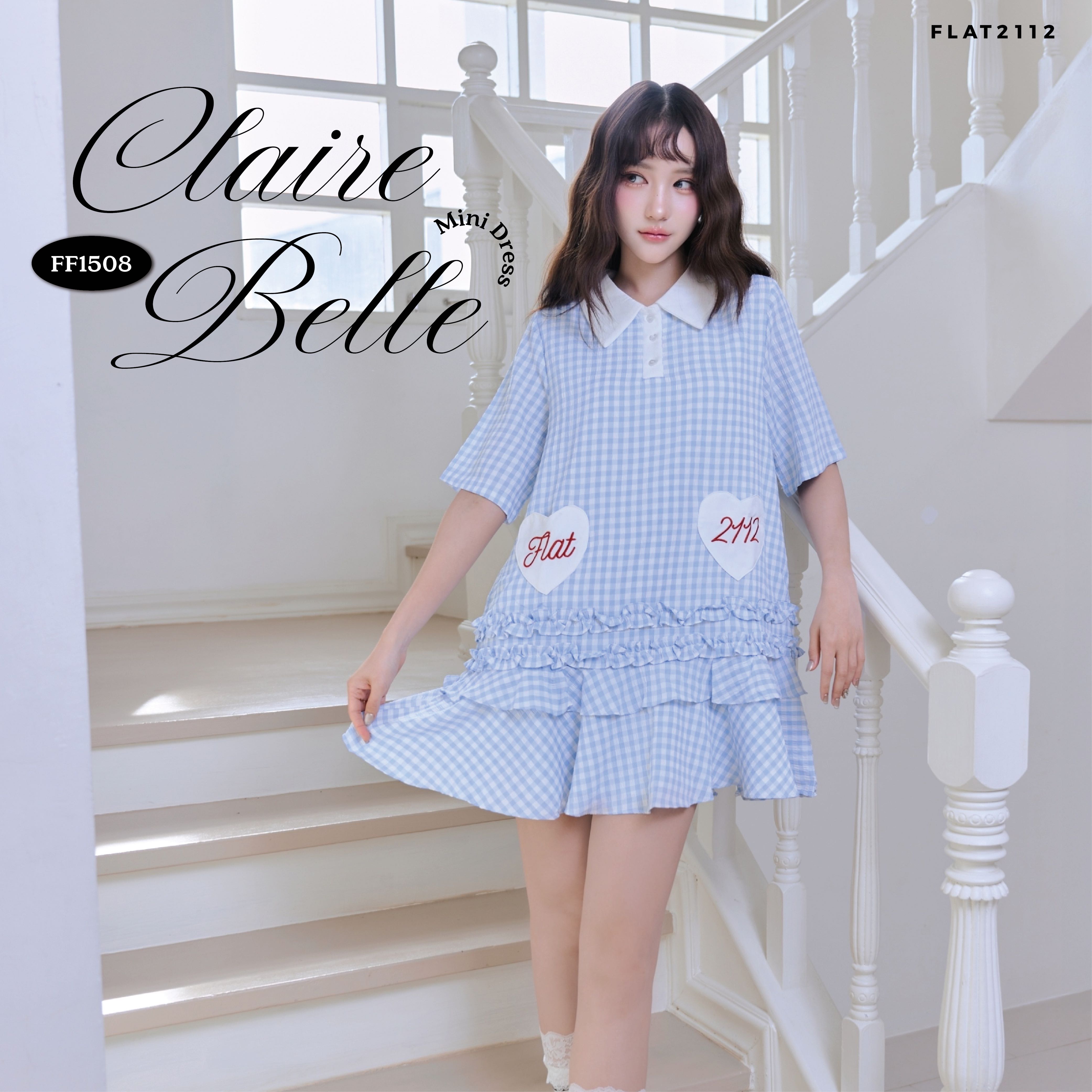 FLAT2112 : CLAIR BELLE MINI DRESS เดรสสั้นสีฟ้าลายสก็อต เดรสลายสก็อตผู้หญิง เดรสคอปกน่ารัก (FF1508)