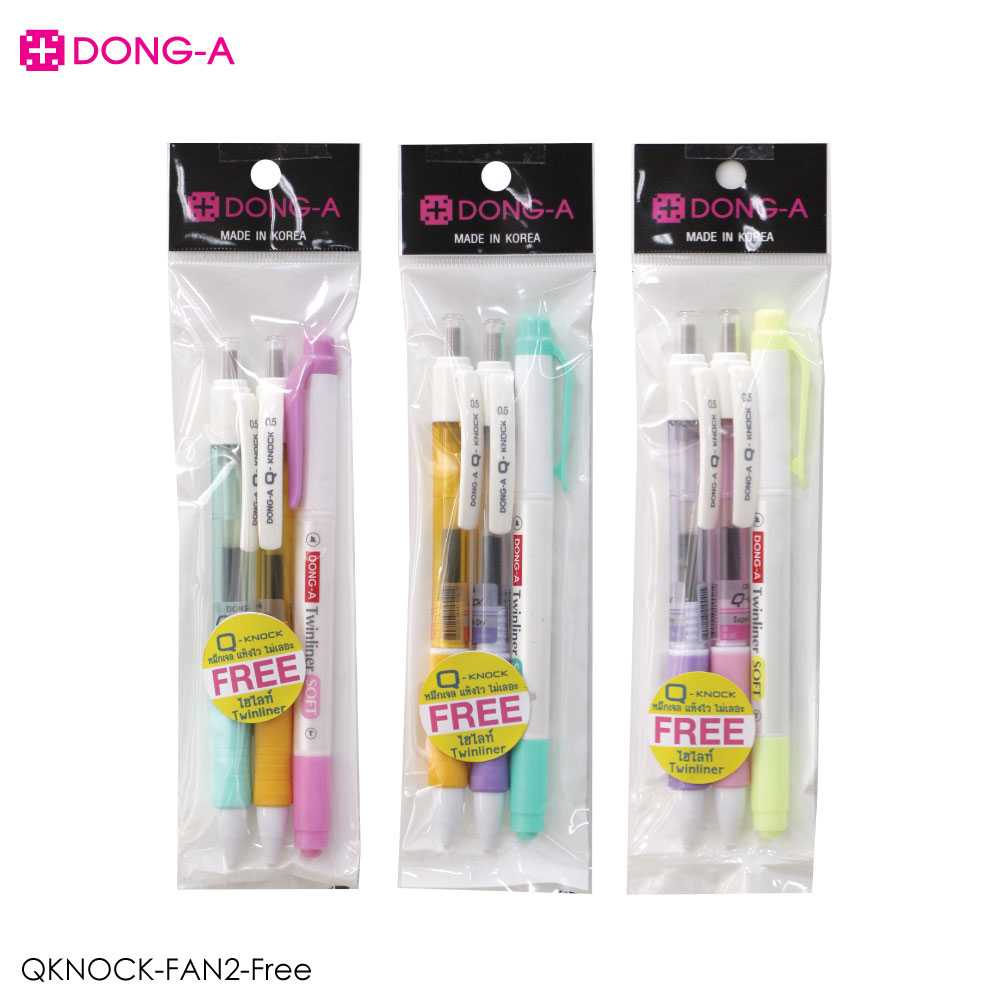 Q-knock-Fan2-Free Dong-A ปากกาเจล Q-KNOCK หมึกน้ำเงิน มือซ้าย แถม ปากกาเน้นข้อความ Twinliner