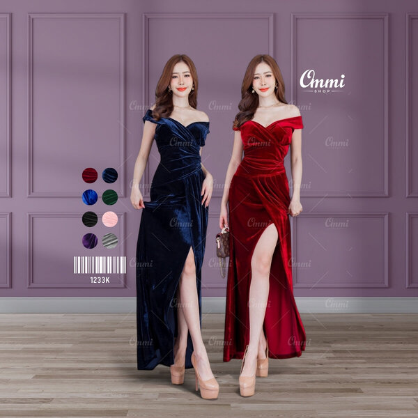 Ommishop ชุดราตรี 1233K ปาดวีคาดอก กำมะหยี่ เดรสออกงาน ชุดงานแต่ง เพื่อนเจ้าสาว