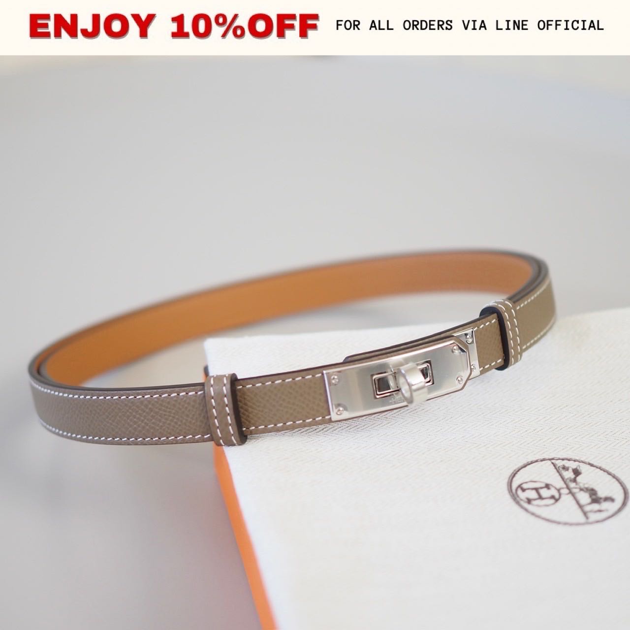 NEW! HERMES Kelly 18 Belt สี Etoupe Epsom SHW | ACC