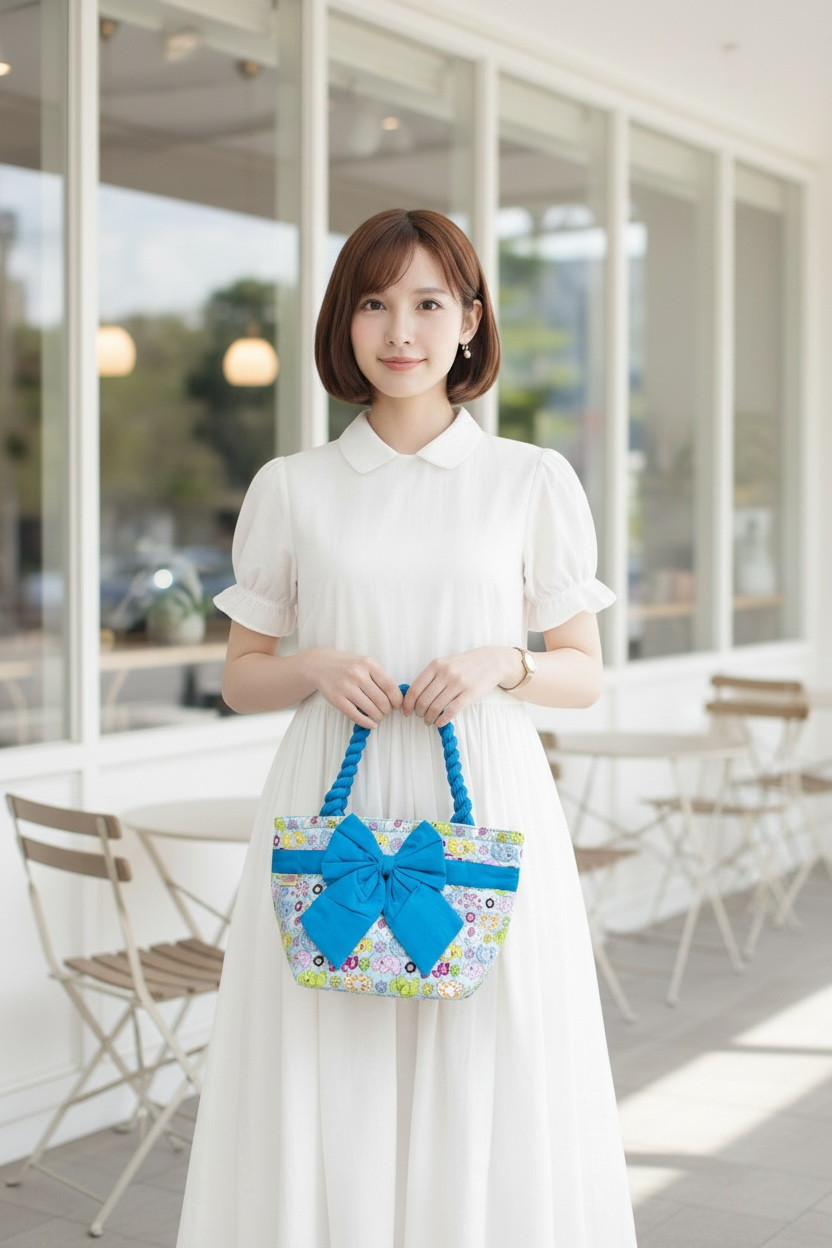 กระเป๋าผ้าคอตตอน แต่งโบว์สีฟ้า ผ้าลายช้าง หูเกรียว