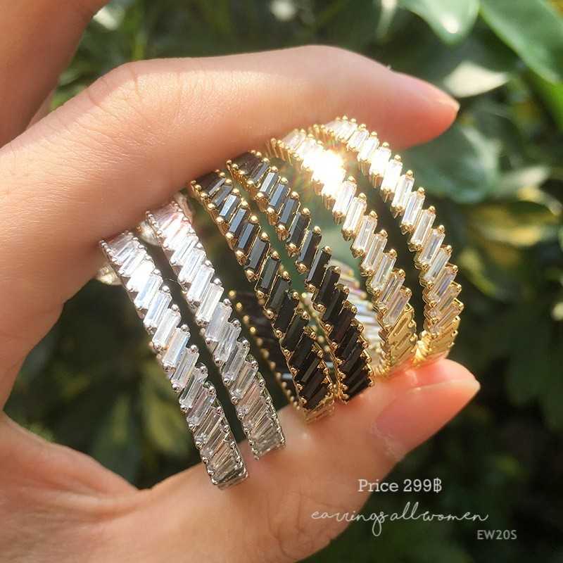 EW20S  ต่างหูห่วง สีเงินและสีดำ  เงิน925  เพชร CZ