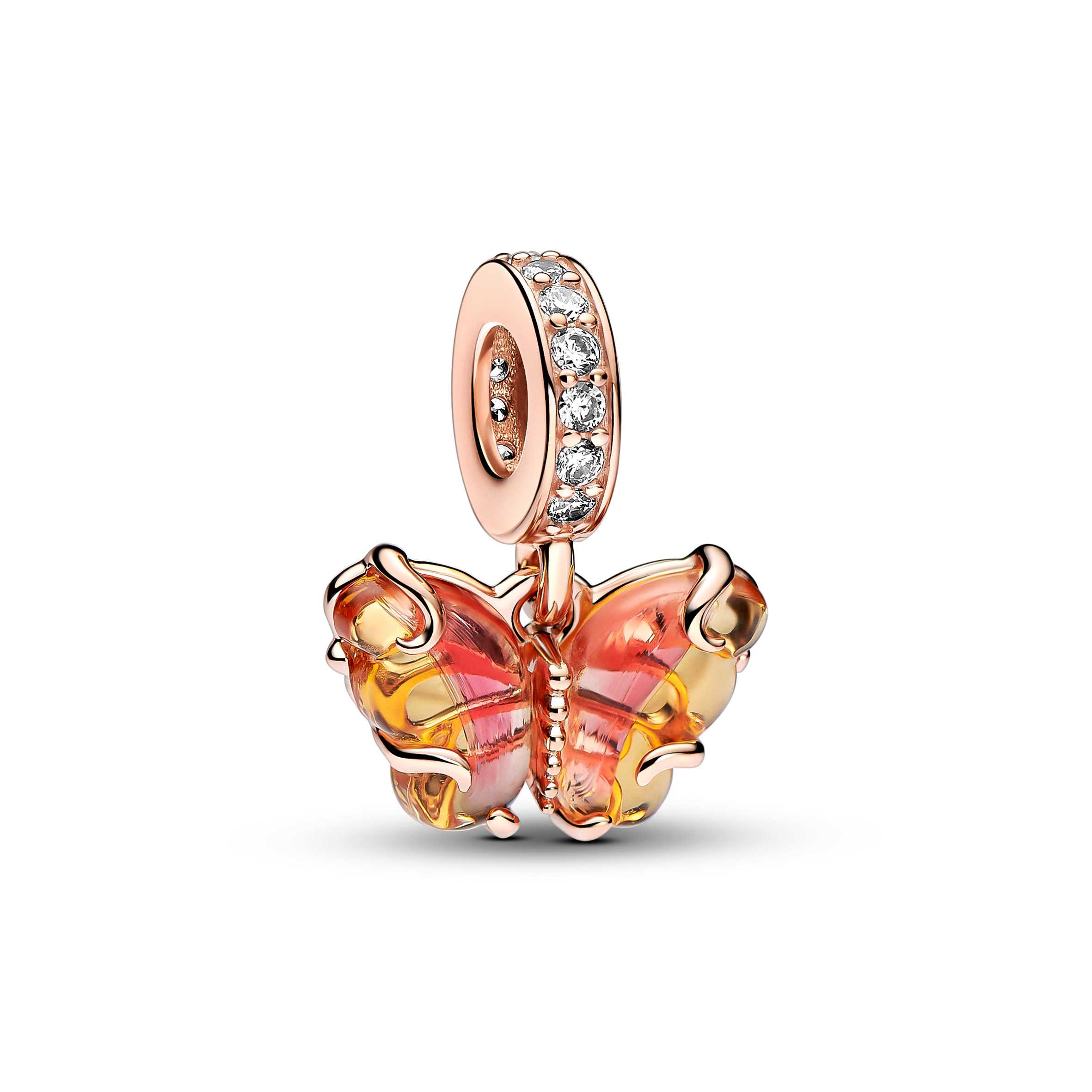Butterfly 14k rose gold-plated dangle with bi-colour orange and pink Murano glass