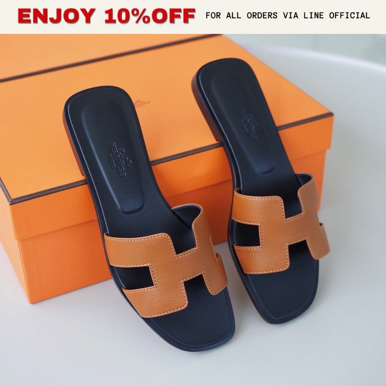 NEW! HERMES Oran Sandals สี Gold/Noir Epsom | Shoes