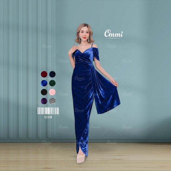 Ommishop ชุดราตรี 1232K สายเดี่ยวแต่งพรางแขน กำมะหยี่ เดรสออกงาน ชุดงานแต่ง เพื่อนเจ้าสาว