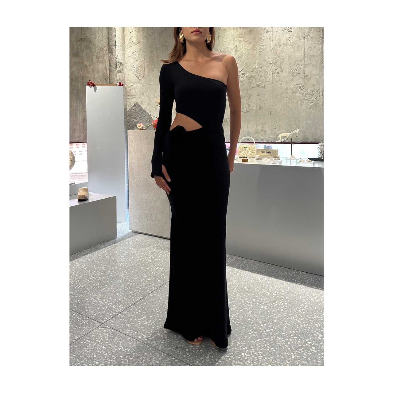 WISKII ASYMMETRICAL FLORAL MAXI DRESS - BLACK