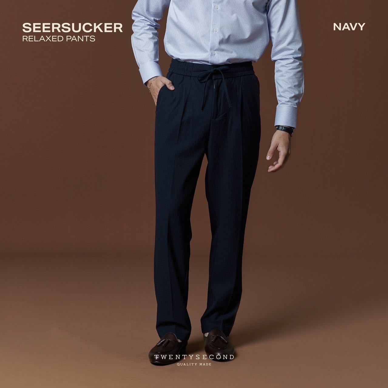 SEERSUCKER RELAXED PANTS - NAVY 