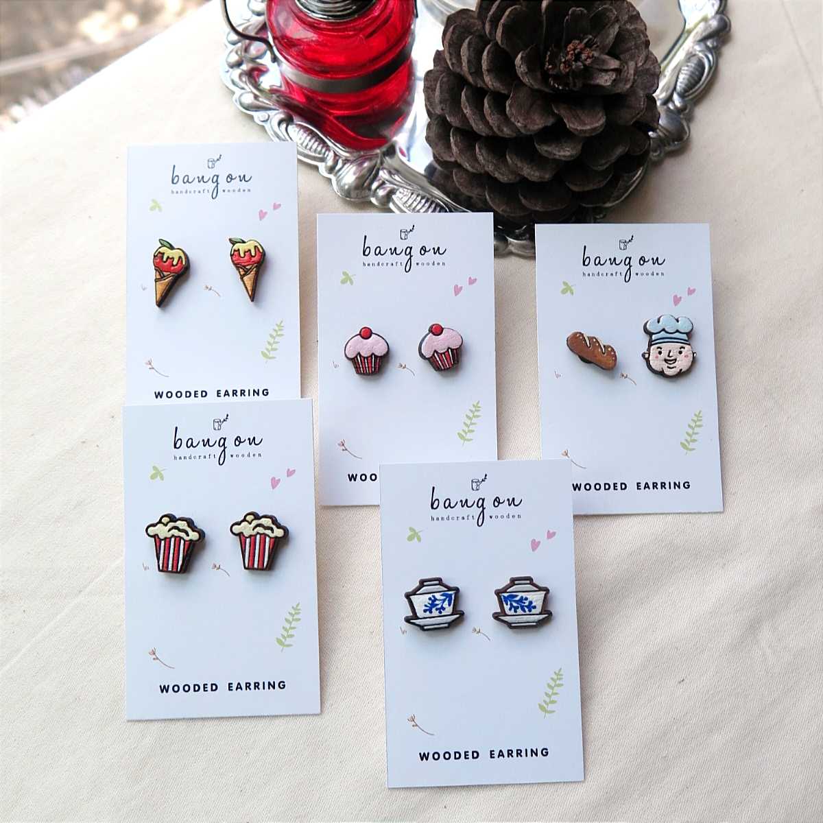 Wooden earring Desserts and Chinese tea cups collection