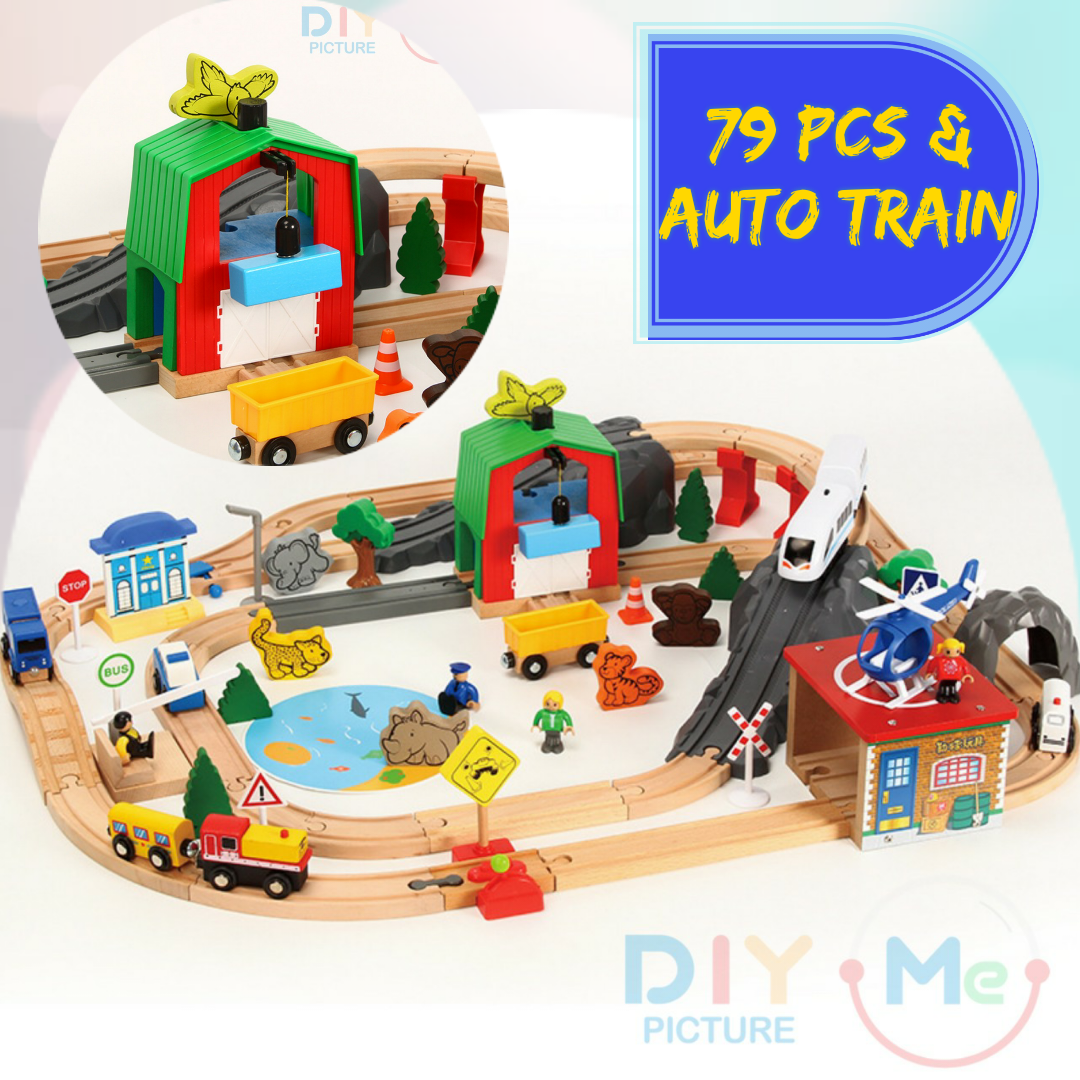 ชุดรถไฟไม้79ชิ้น & หัวลากรถไฟใส่ถ่านวิ่งได้ Woodtoy TrainRailway รางไม้ใช้ได้สองด้าน ลดสมาธิสั้น