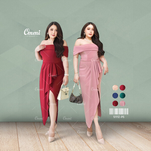 Ommishop ชุดราตรี 5111Z-PS ปาดเกาะอก ผ้ามิลิน เดรสออกงาน ชุดงานแต่ง เพื่อนเจ้าสาว เดรสสาวอวบ Plus...