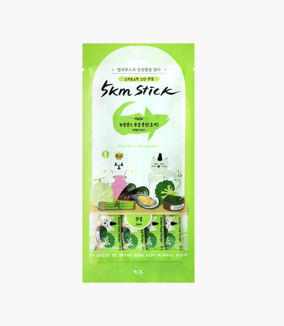 (Pre-order)Okiro Stick Green – ขนมสติ๊กบำรุงข้อ+ลำไส้ สูตรปลาฮอกิ ผักสีเขียว สำหรับหมา–แมว