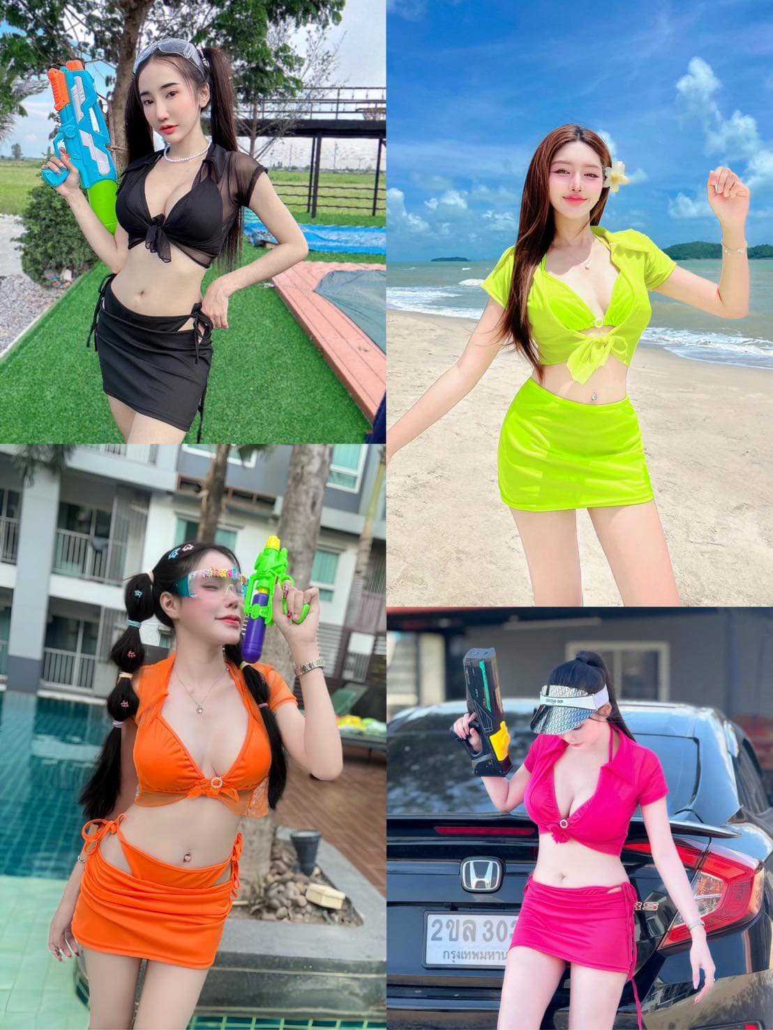 Set 4  เสื้อแขนสั้นคอปกผูกอก ผ้าตาข่ายซีทรู  กางเกงในบีกินนี่