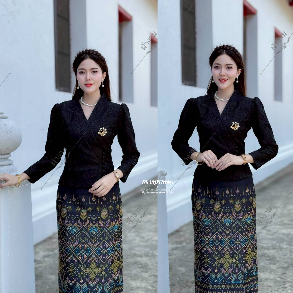 เสื้อลูกไม้เบลล่า อัดกาวทั้งตัว เสื้อลูกไม้ทรงคุณหญิง คอวี แขนยาว กระดุมป้าย ใส่ได้ทุกโอกาส