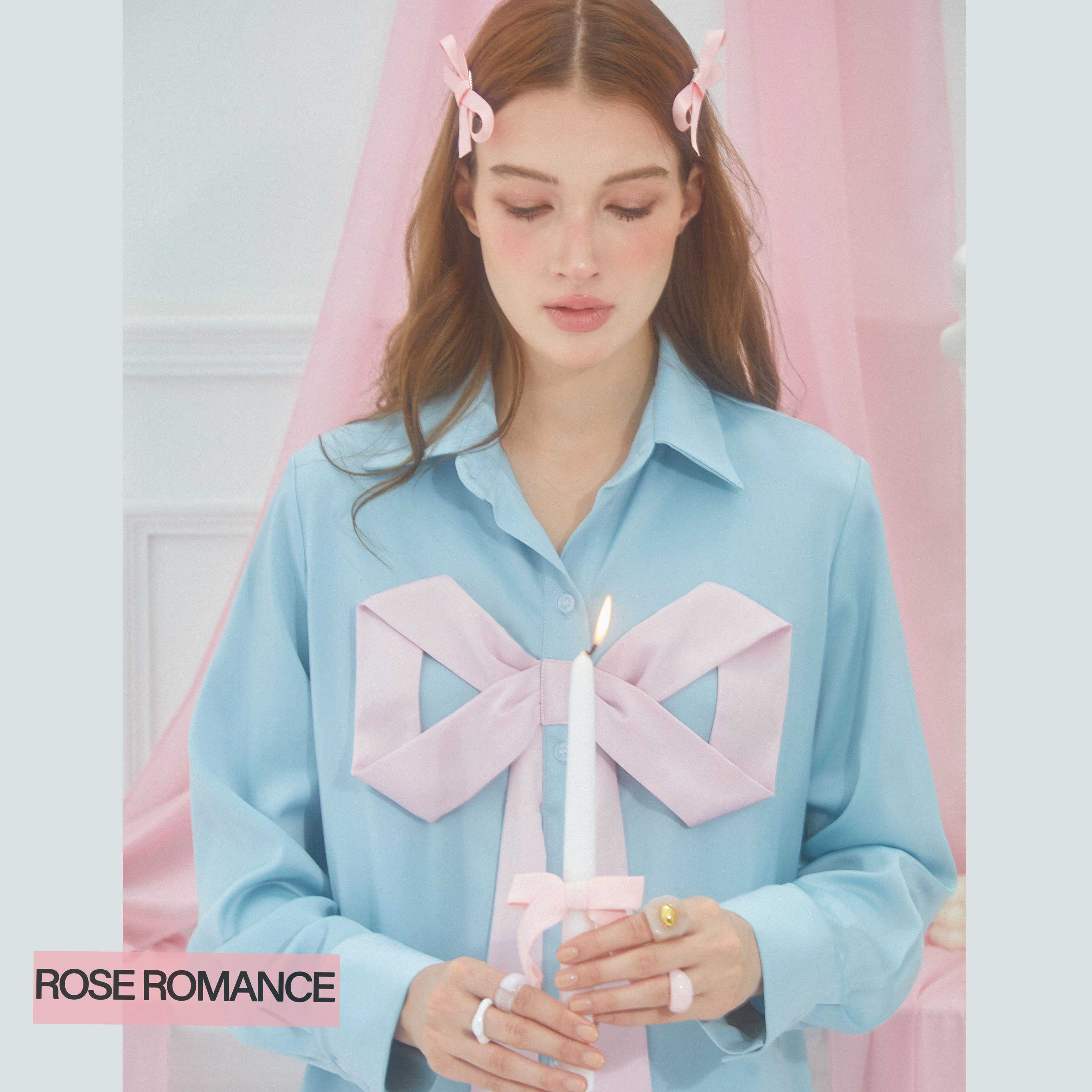 [พร้อมจัดส่ง] ROSE LACE BOW SHIRT BLUE