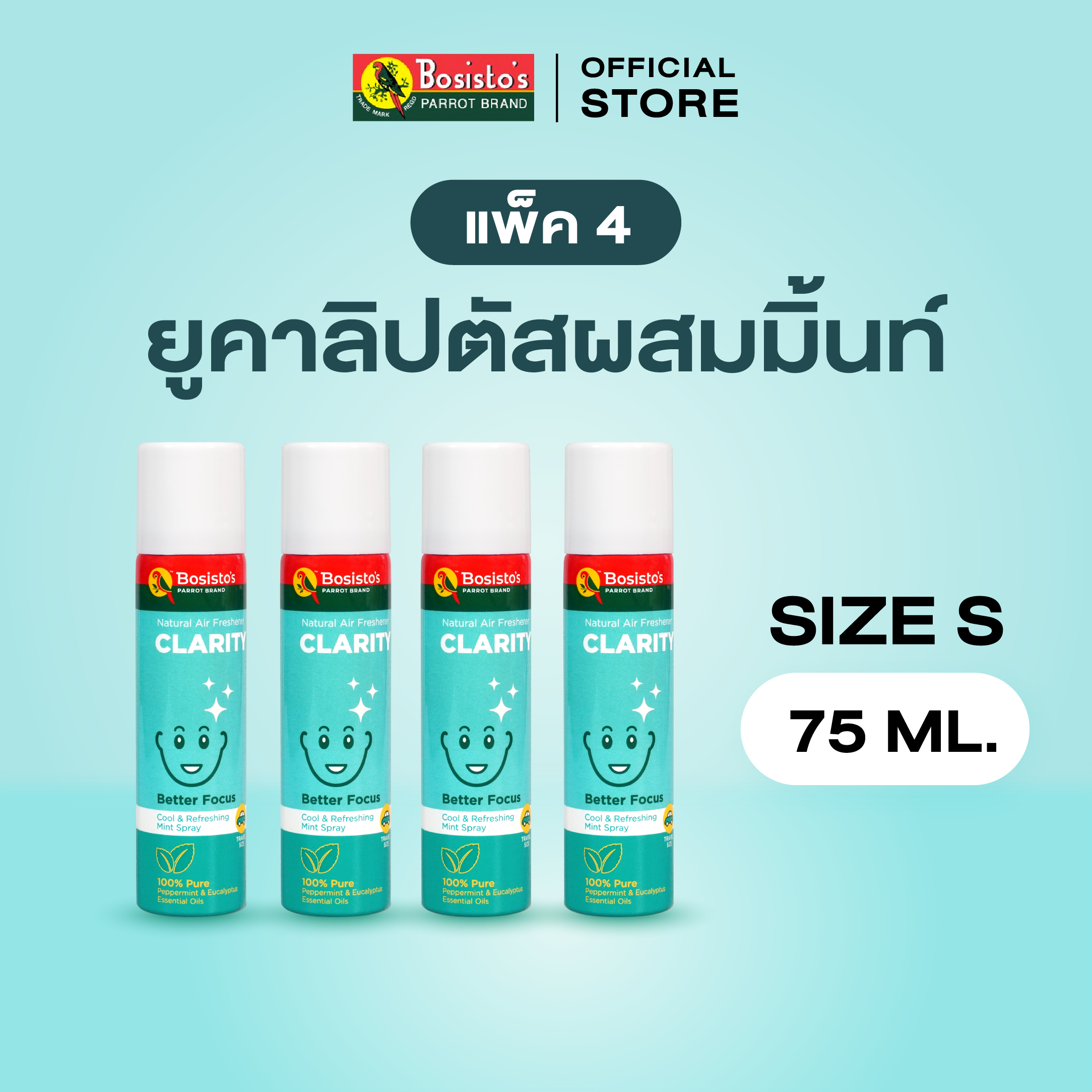 Bosisto ตรานกแก้ว สเปรย์ยูคาลิปตัส ผสมมิ้นท์ (Bosisto's Eucalyptus Mint Spray) 75ml. แพ็คx4