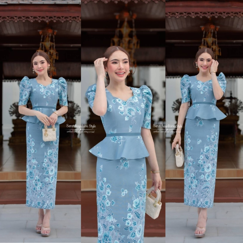 ชุดเดรสผ้าปาเต๊ะ ชุดเดรสผ้าไทย คอหัวใจ แขนศอก เดรสยาว 48 นิ้ว เอวระบาย งานเข้ารูปเข้าทรงสวยมาก