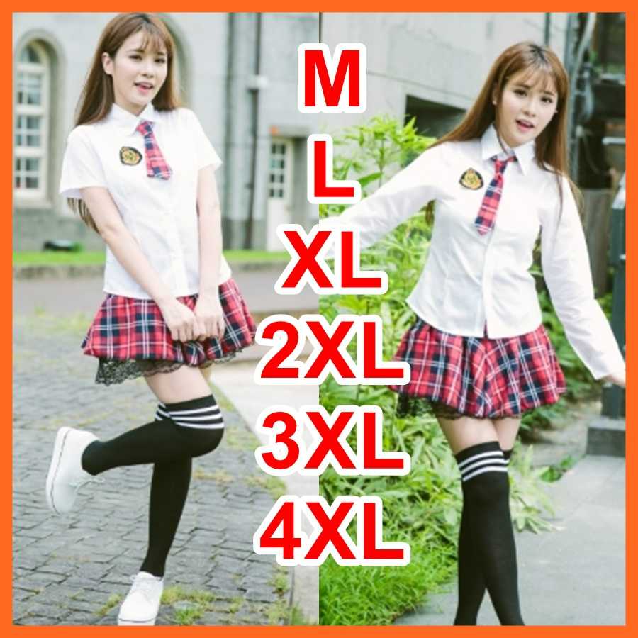 M-4XLชุดนักเรียนญี่ปุ่นแขนยาว กระโปรงกส๊อตแดง