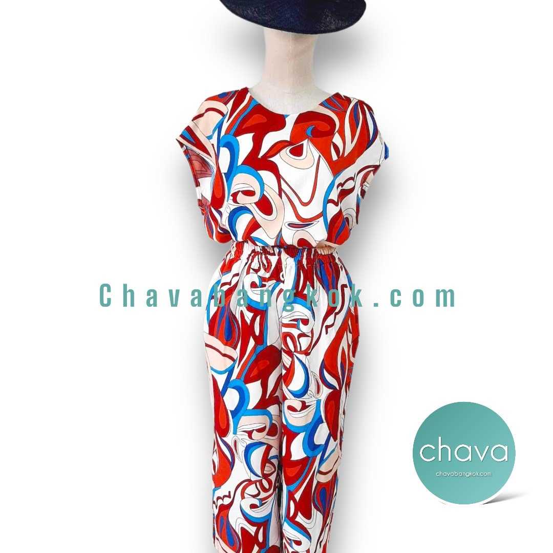 NEW!! กางเกง (สีแดง) ลายกราฟฟิคขาวฟ้า เอวยางยืด