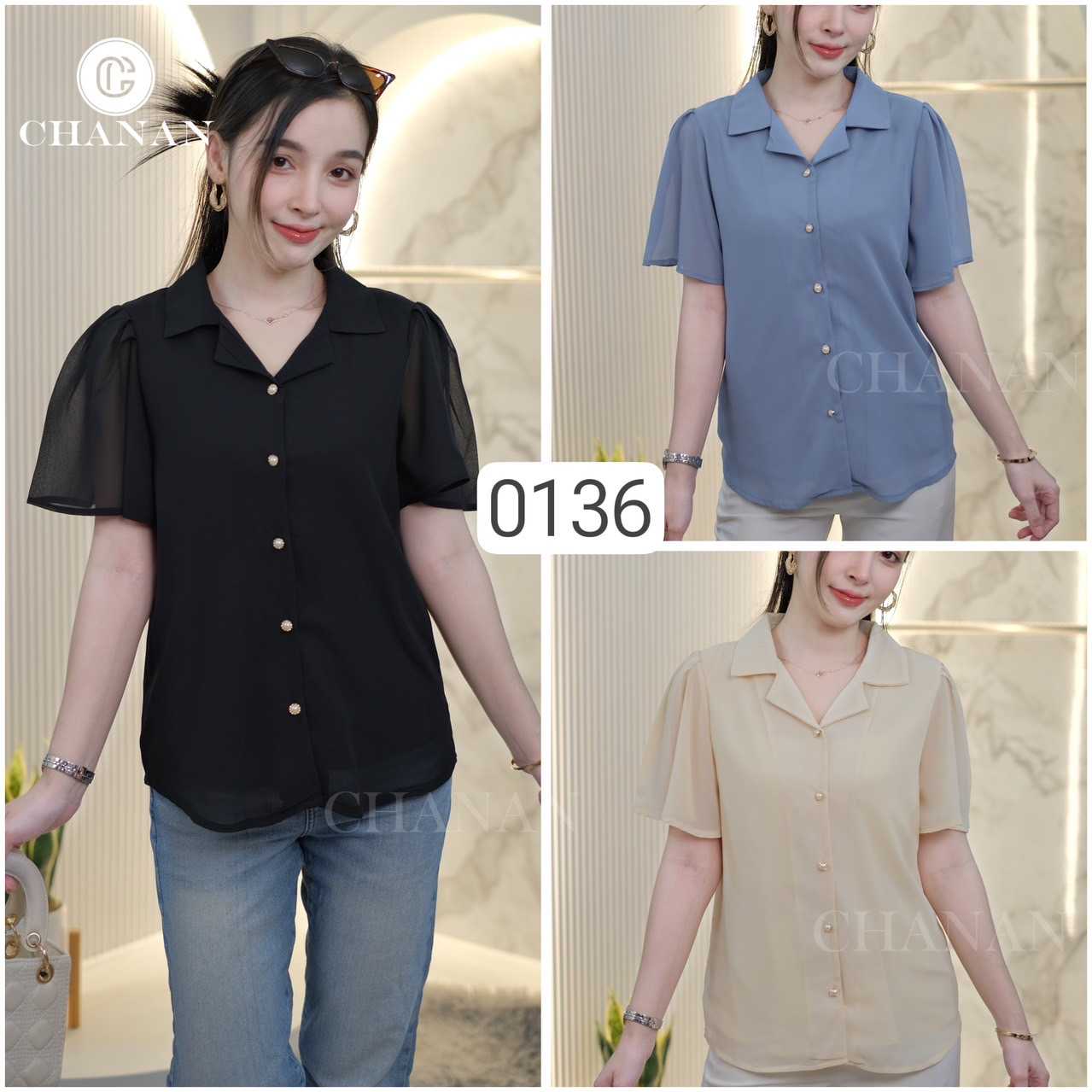0136 เสื้อคอปก แขนแต่งระบาย ผ้าชีฟอง มีซับใน ผ้านิ่ม ใส่สบาย มี3สี