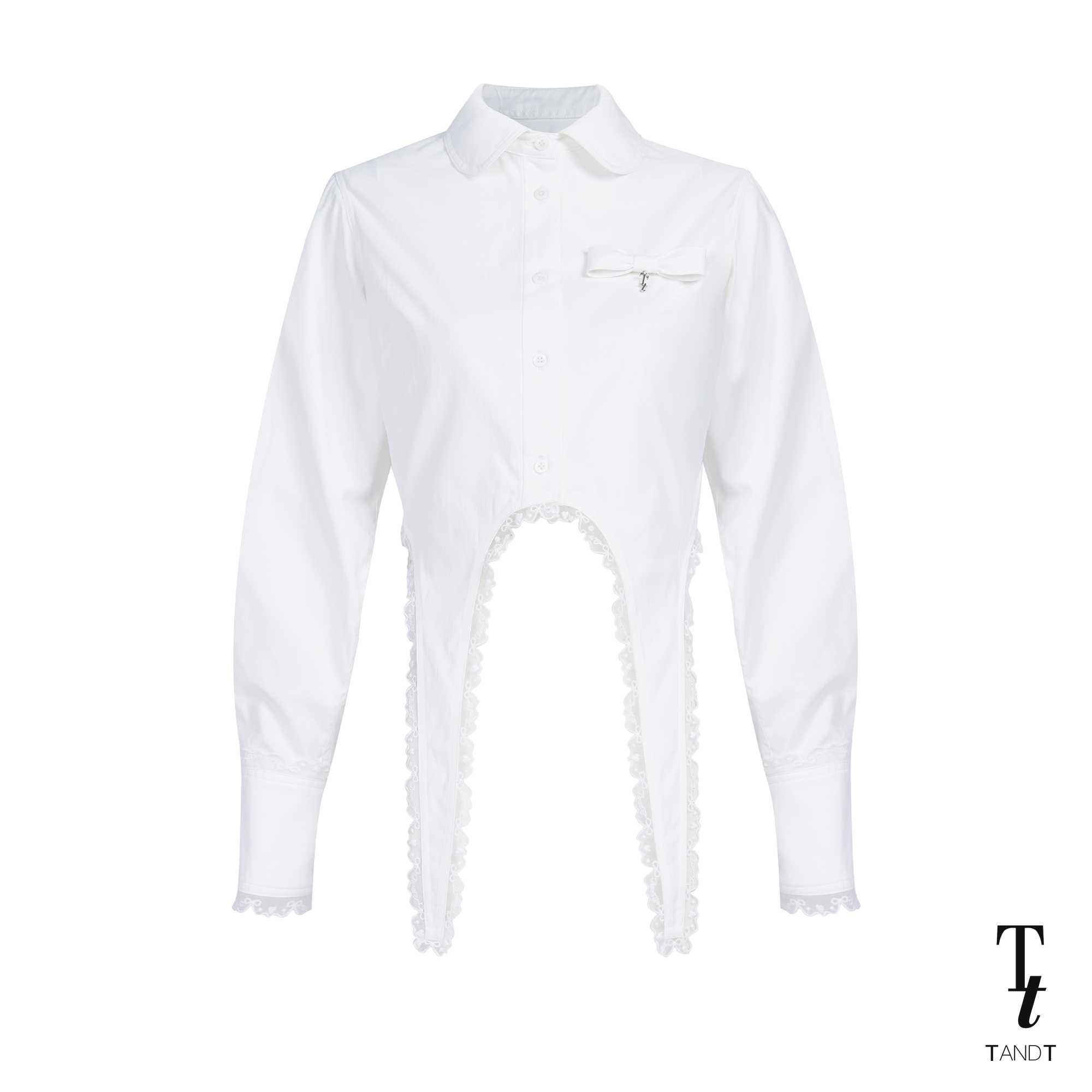 RUSHELL - LACE TRIMMED HEM DETAILED CROP SHIRT