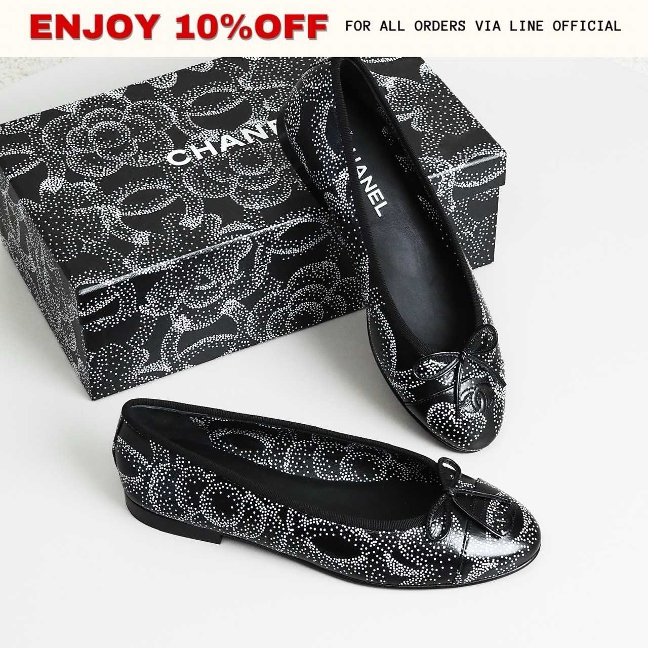 NEW! CHANEL Ballet Flats สี Black & White Printed Calfskin | Shoes