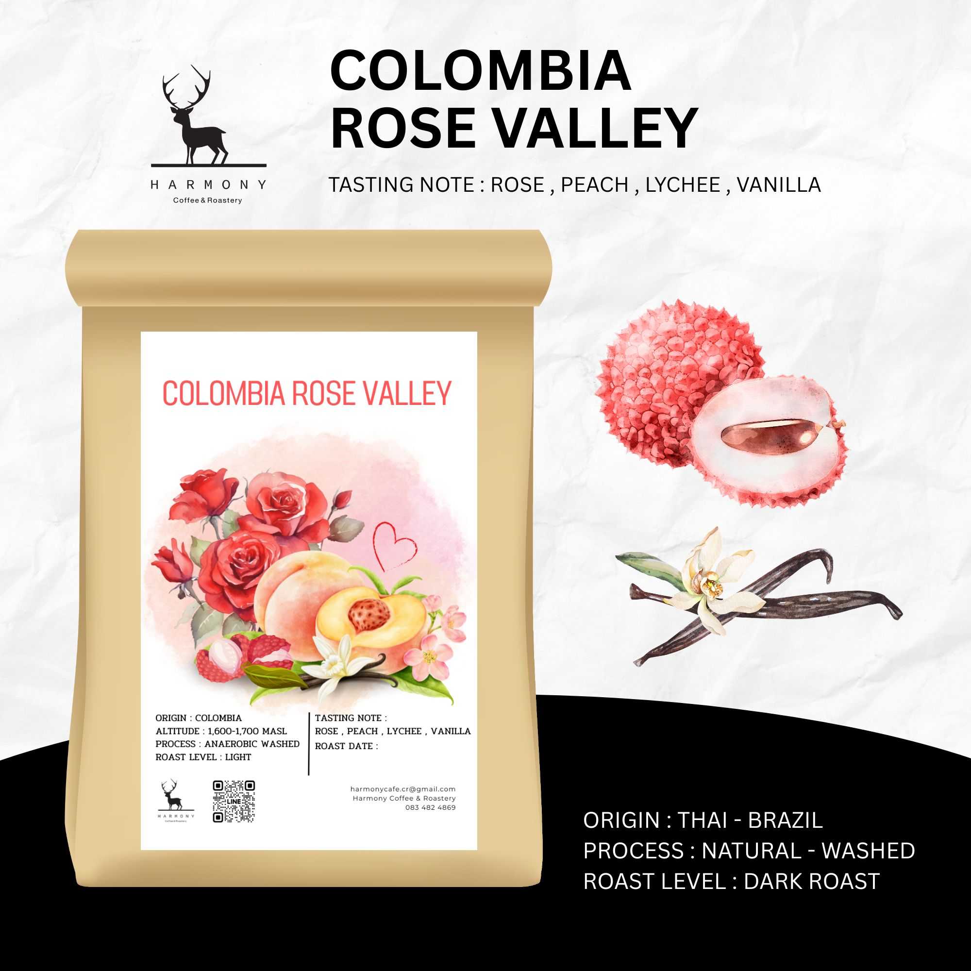 Colombia Rose Valley เมล็ดกาแฟคั่วอ่อน :Harmony coffee